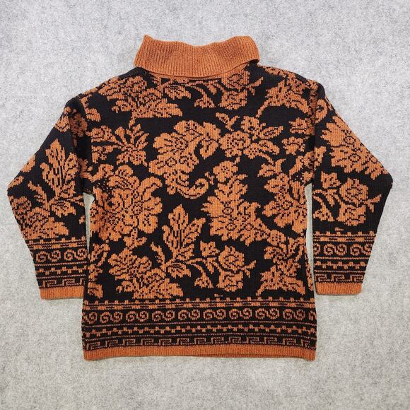 VTG Orvis Sweater Women Small Black Orange Turtleneck Wool Blend Floral Jacquard - Picture 9 of 11